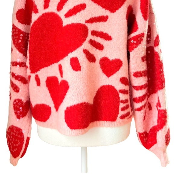Luna Ivy size S pink w red hearts sequins long sleeve crew neck pullover sweater - Picture 11 of 16